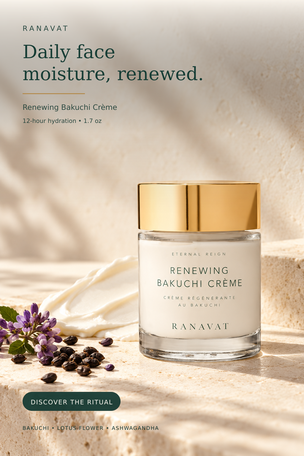 RANAVAT face cream arranged in a warm editorial setting